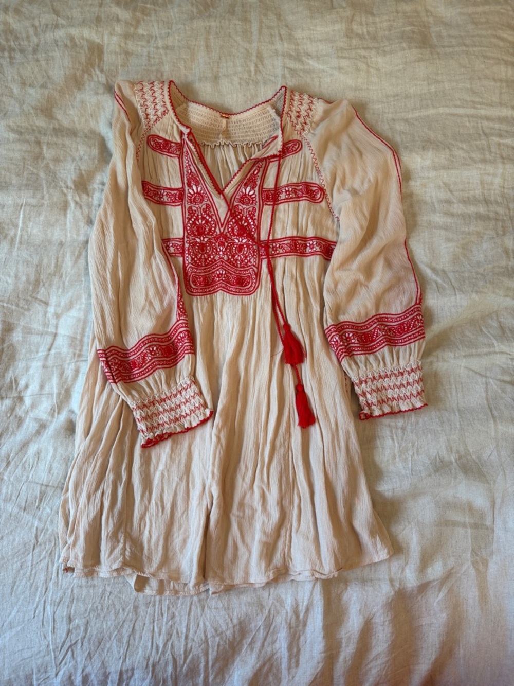 Free People Cream Gauze Blouse with Red Trim